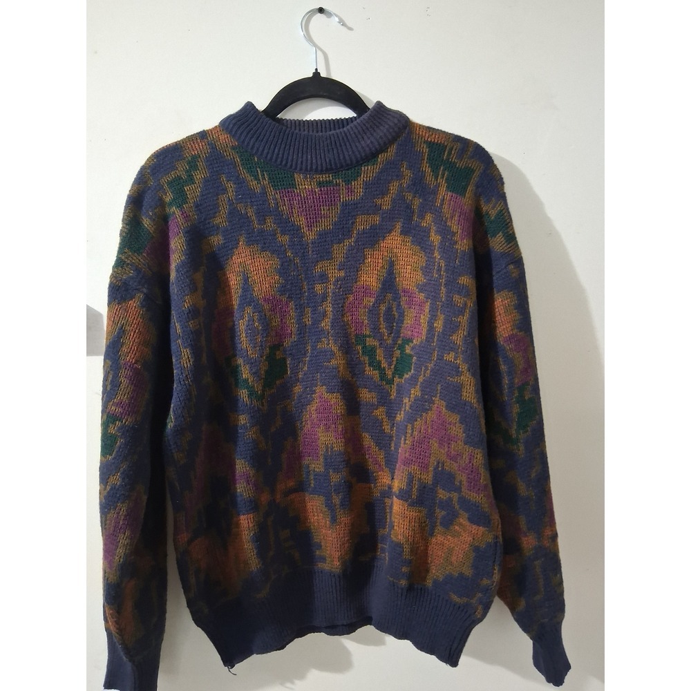 The Italian Sweater Co Mens Vintage Wool Blend Geometric Knit Sweater Blue M